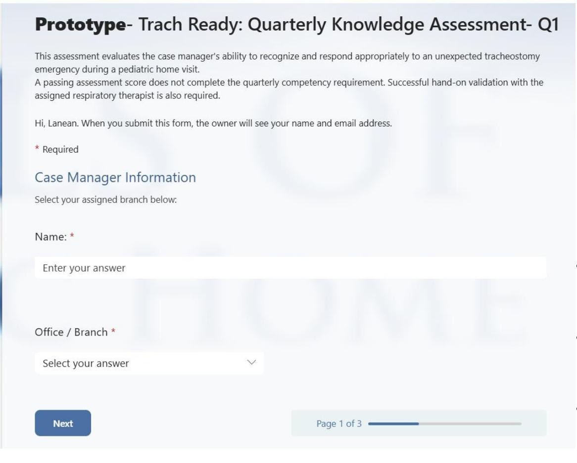 Microsoft Forms knowledge assessment intro page collecting case manager information and assigned branch